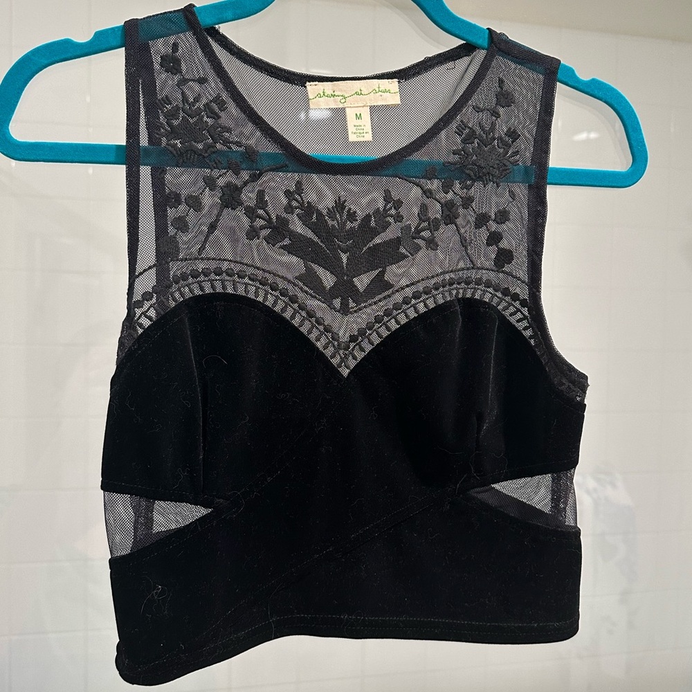 Black velvet and lace crop top